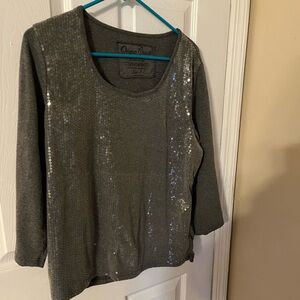 Onque Casuals Gray Knit Long Sleeve Top with Sequin Accents